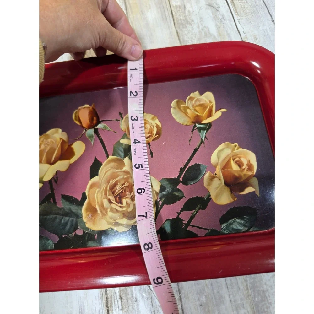 Vintage Neocraft Everlast Gold Etched Floral & Red Yellow Rose Metal Trays Set 2